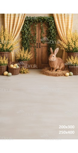 Tło fotograficzne z żółtymi kwiatami, wikliną i króliczkiem | E584